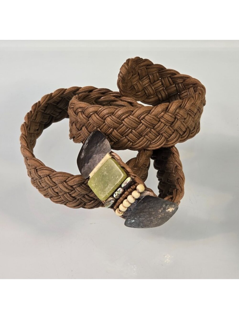 Vintage Marjorie Baer SF Belt Brown Braided Mixed Media Buckle 38 in Boho Hippie